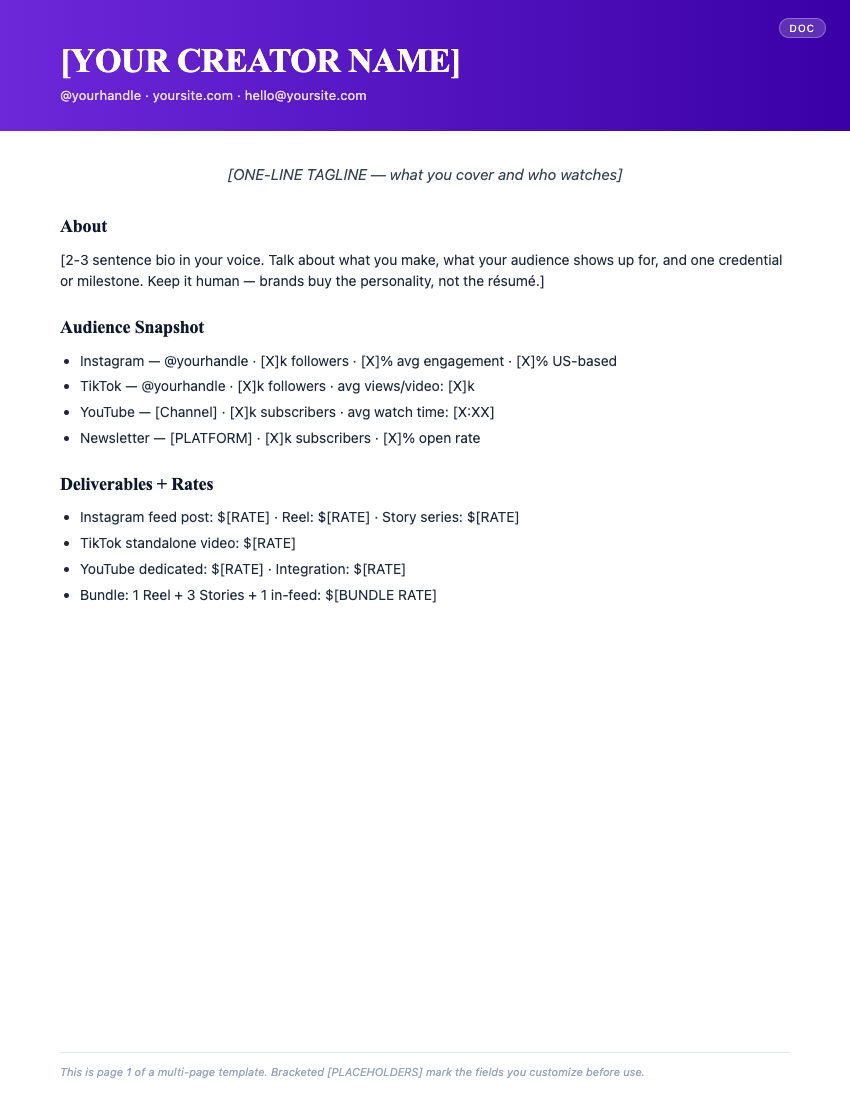 Page 1 of Creator Media Kit + Rate Card