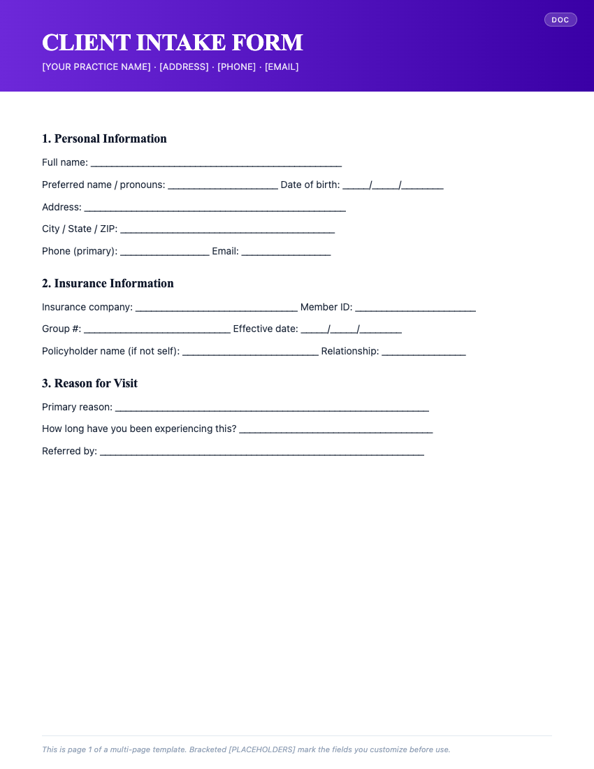 Page 1 of HIPAA-Compliant Client Intake Form