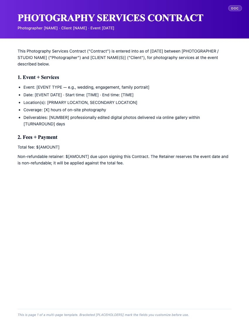 Page 1 of Photography Services Contract