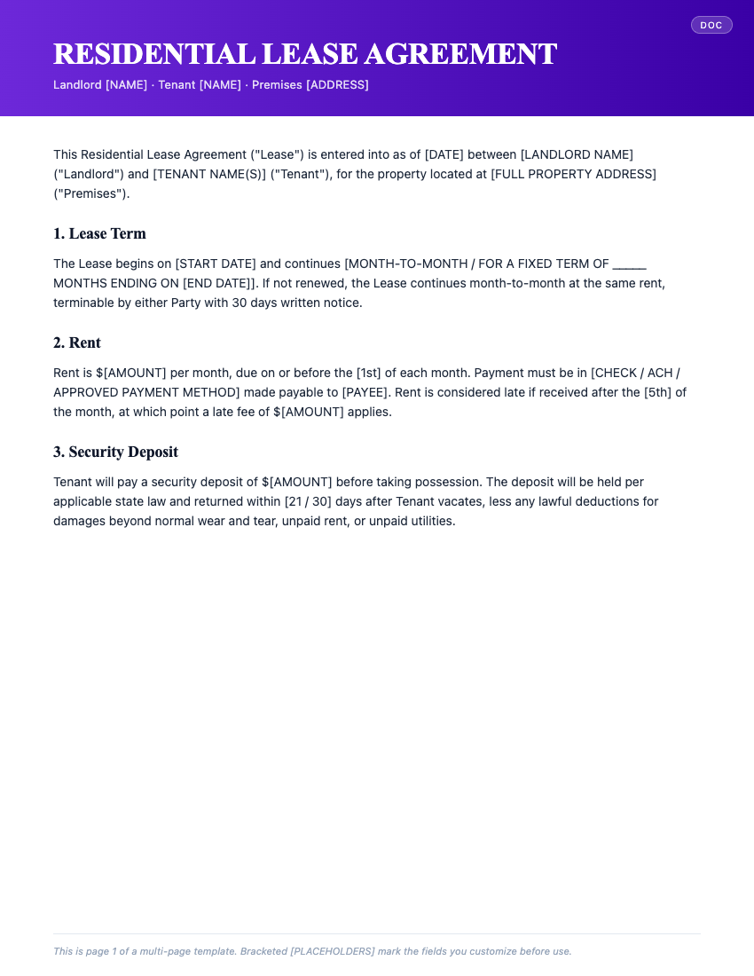 Page 1 of Residential Lease Agreement