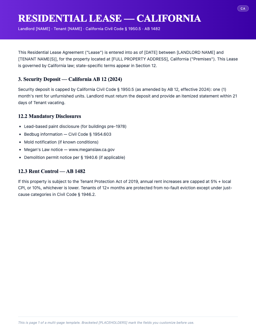 Page 1 of Residential Lease Agreement — California