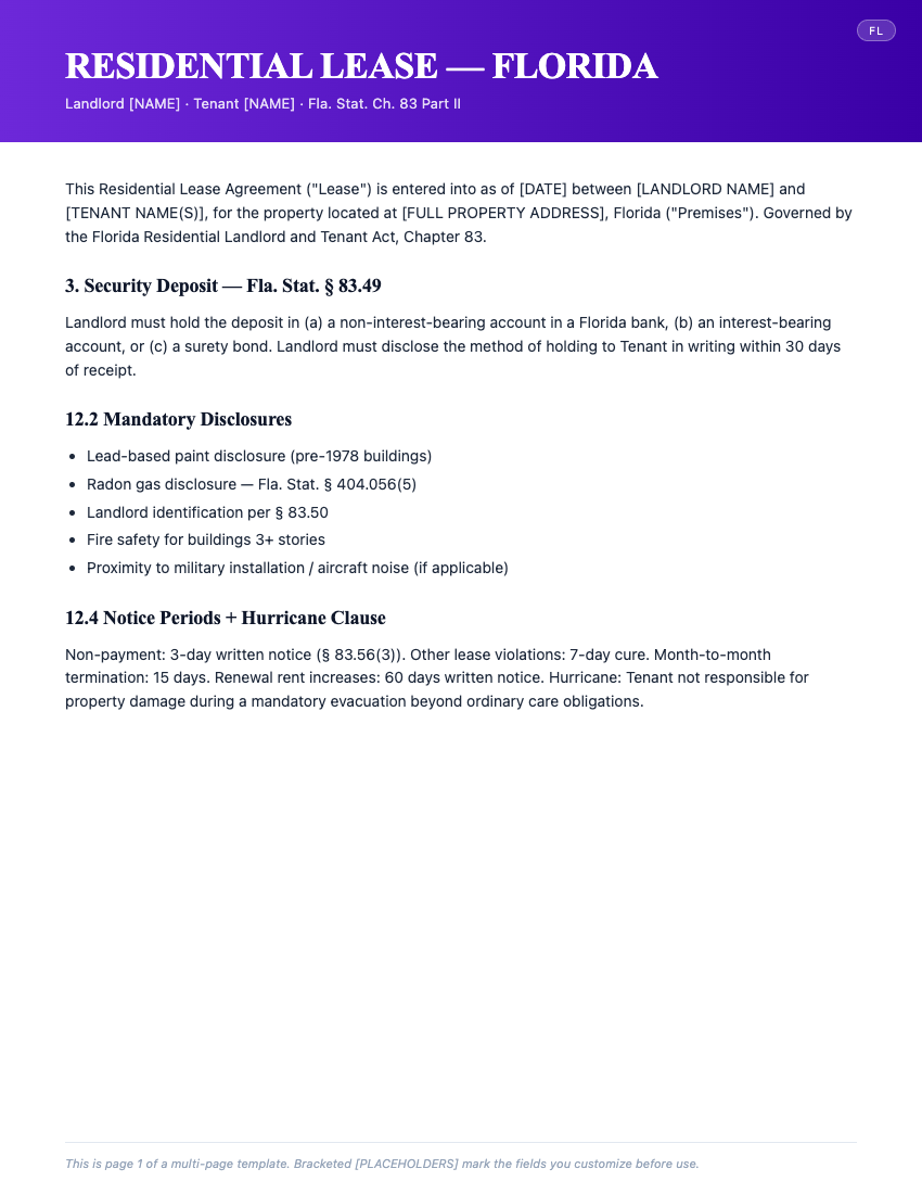 Page 1 of Residential Lease Agreement — Florida