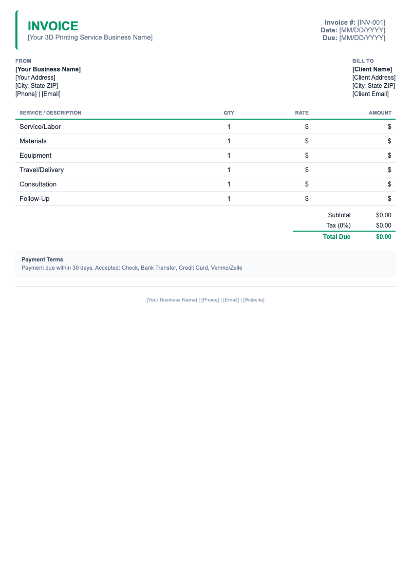 Minimal Invoice Template for 3D Printing Service