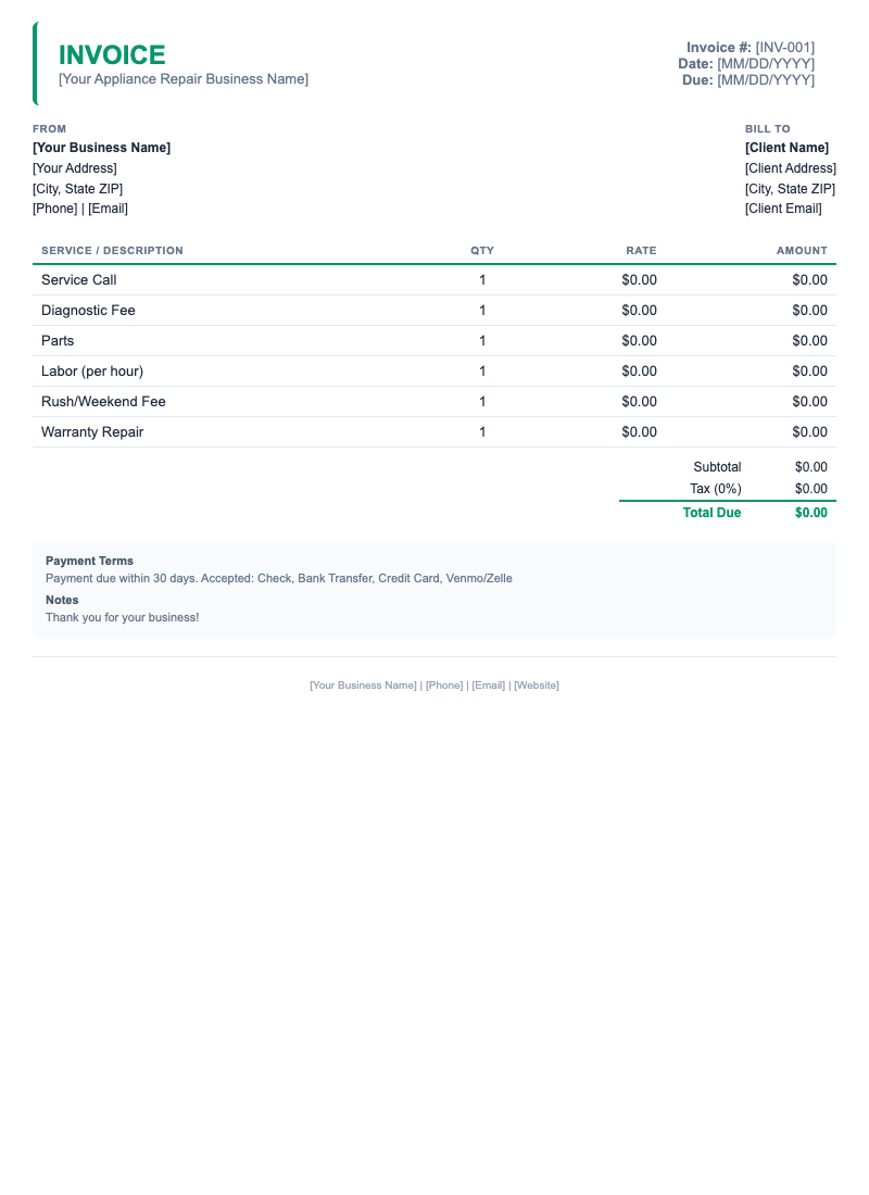 Minimal Invoice Template for Appliance Repair