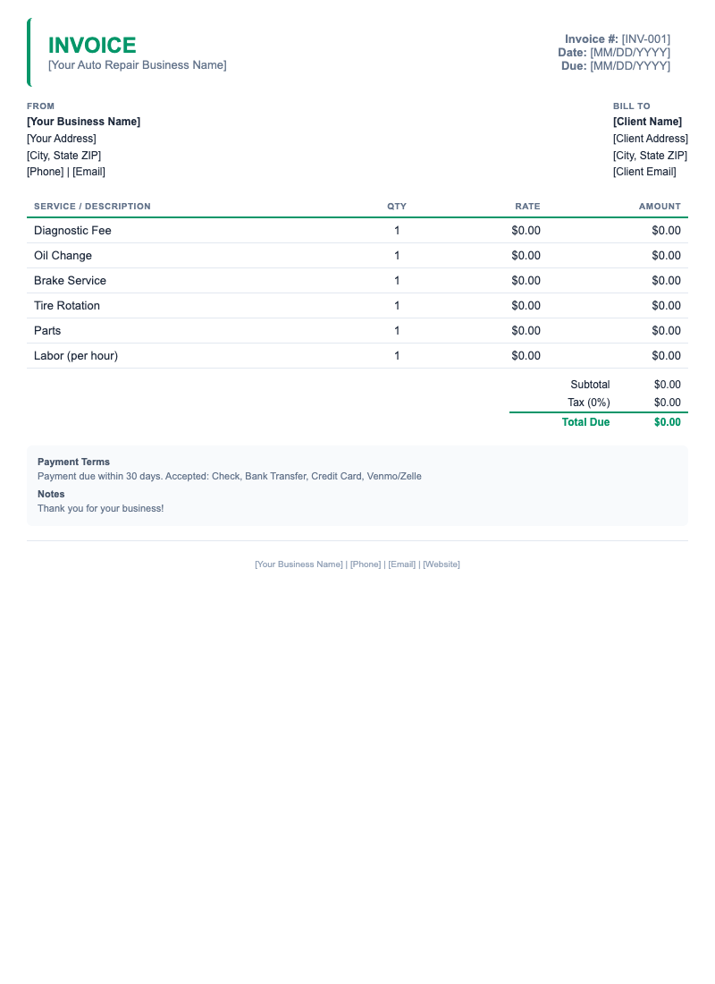 Minimal Invoice Template for Auto Repair