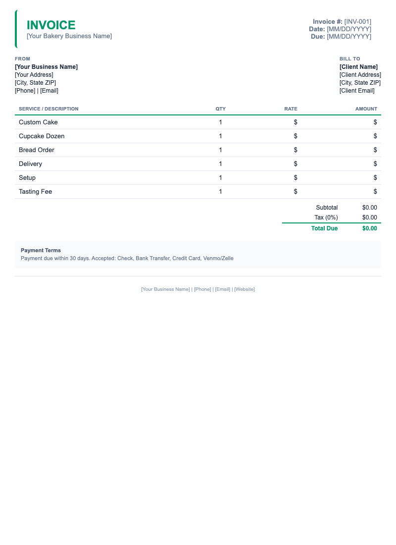 Minimal Invoice Template for Bakery