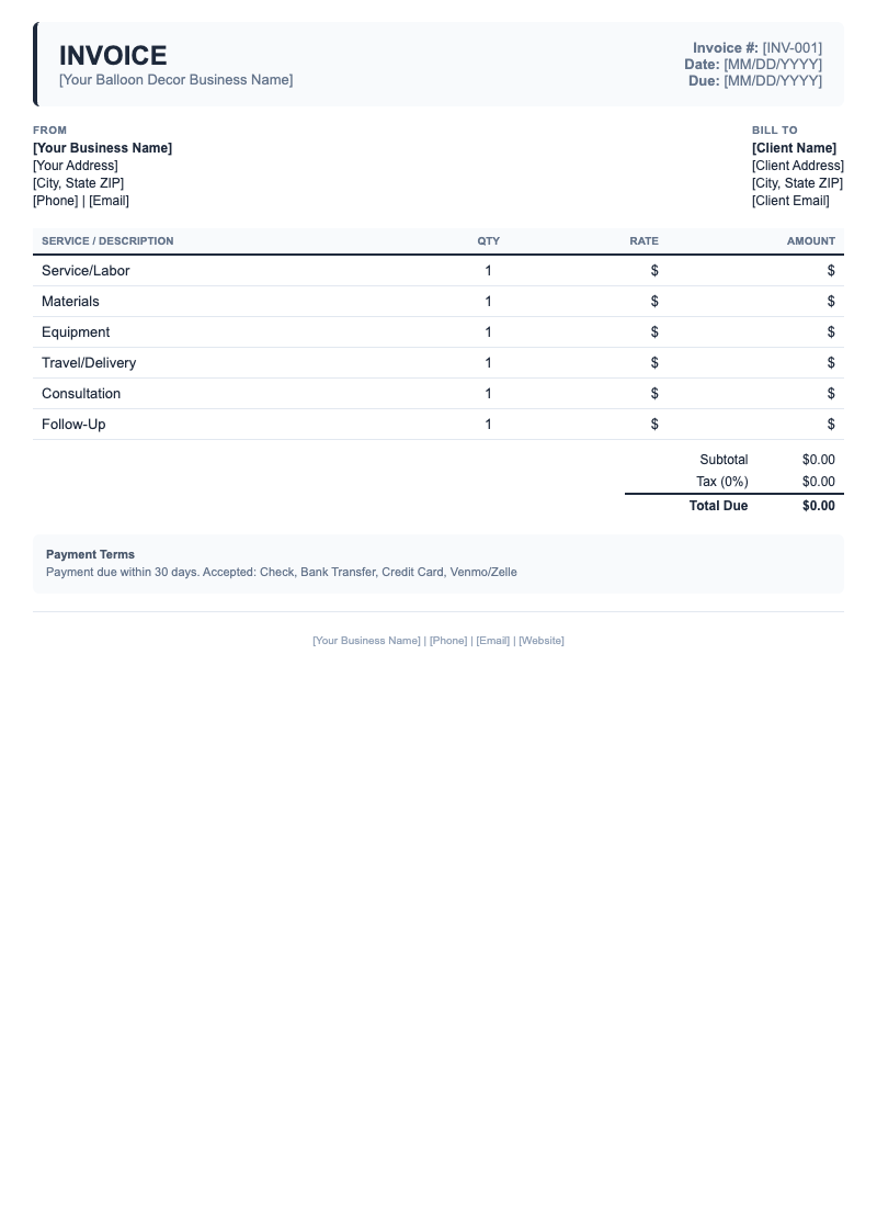 Classic Invoice Template for Balloon Decor