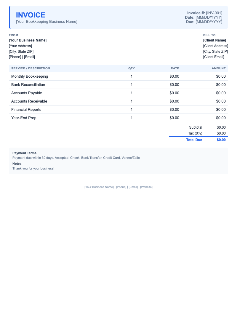 Modern Invoice Template for Bookkeeping