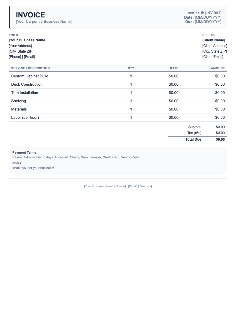Classic Invoice Template for Carpentry
