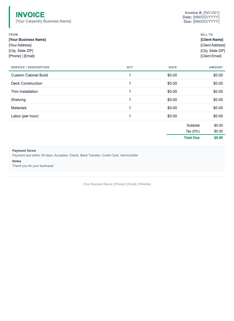 Minimal Invoice Template for Carpentry