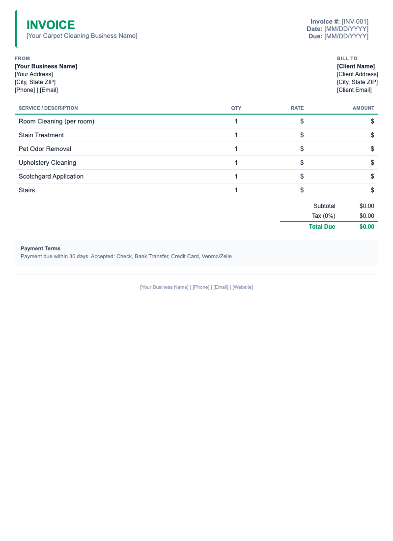 Minimal Invoice Template for Carpet Cleaning