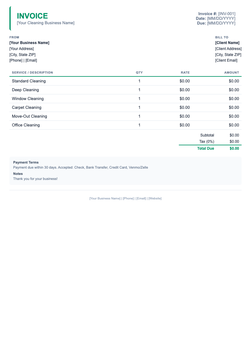 Minimal Invoice Template for Cleaning