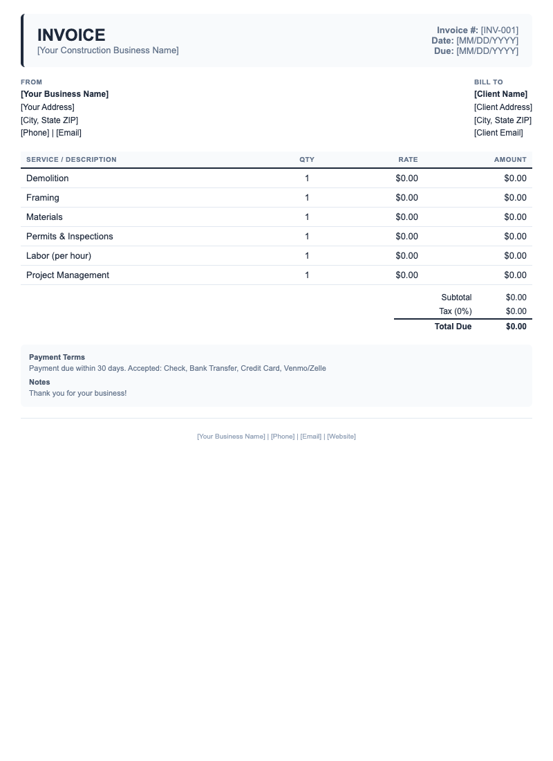 Classic Invoice Template for Construction