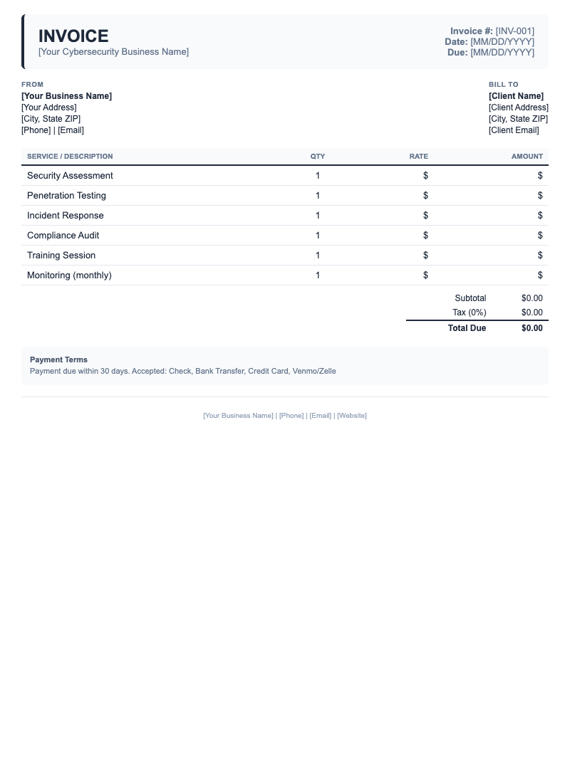 Classic Invoice Template for Cybersecurity