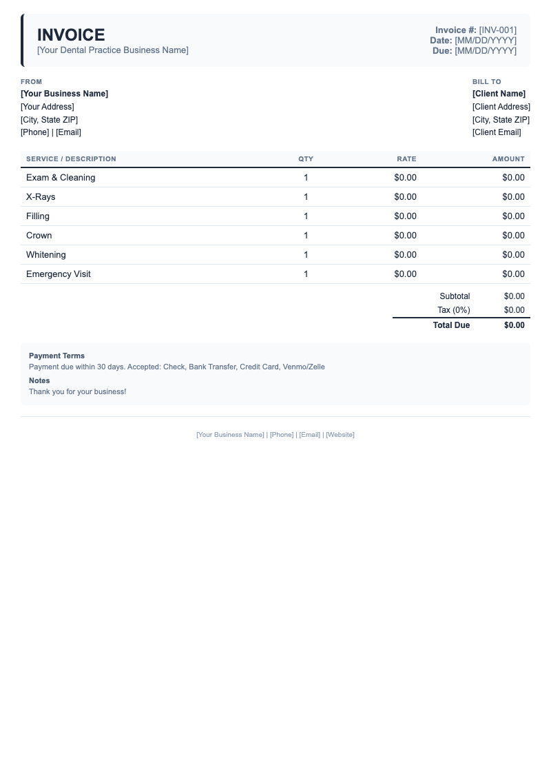 Classic Invoice Template for Dental Practice
