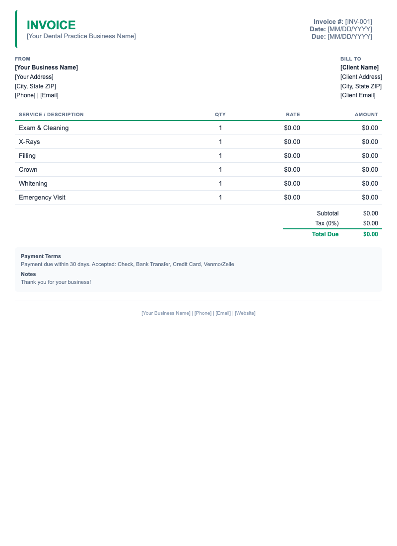 Minimal Invoice Template for Dental Practice