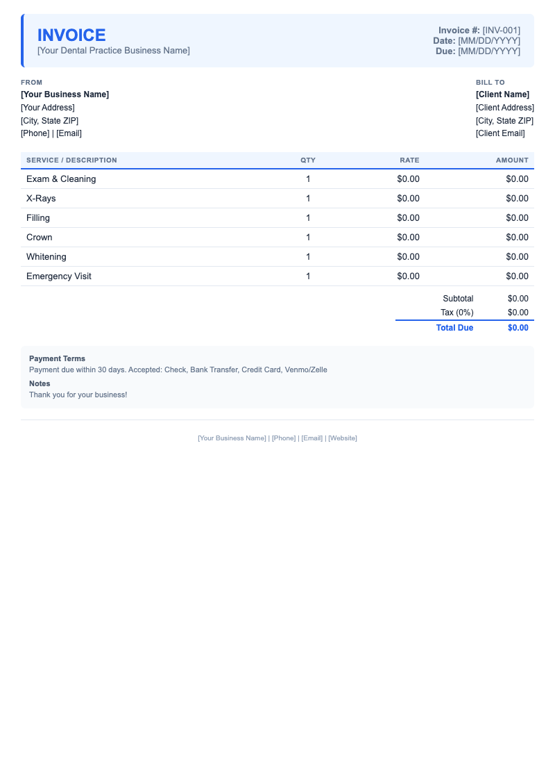 Modern Invoice Template for Dental Practice