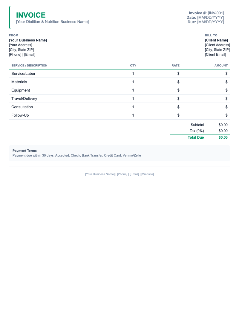 Minimal Invoice Template for Dietitian & Nutrition