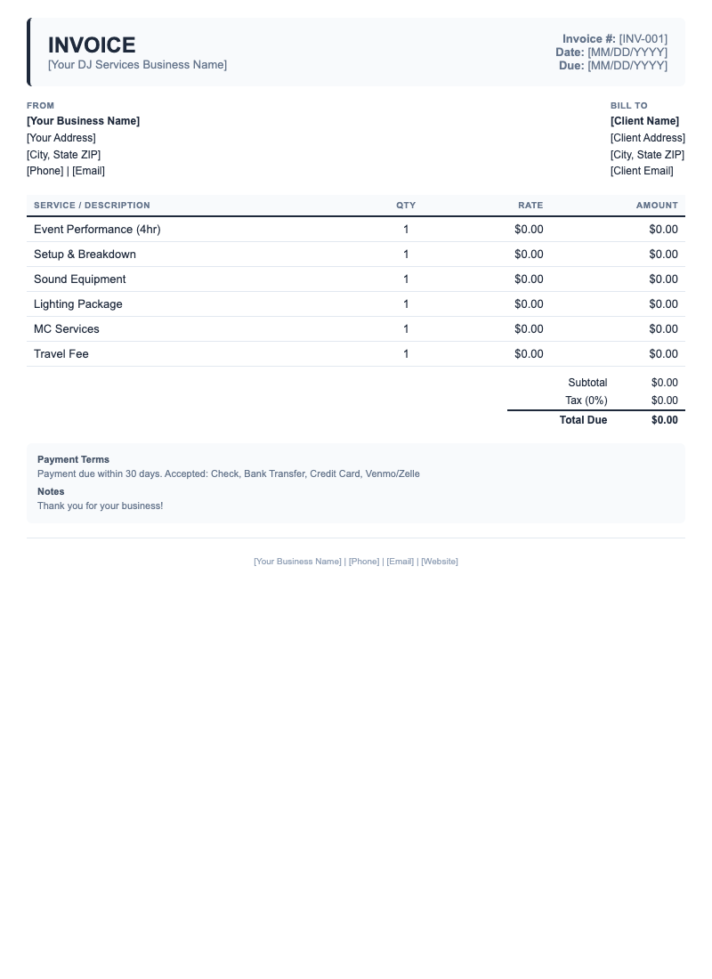 Classic Invoice Template for DJ Services