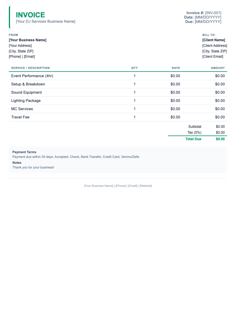 Minimal Invoice Template for DJ Services