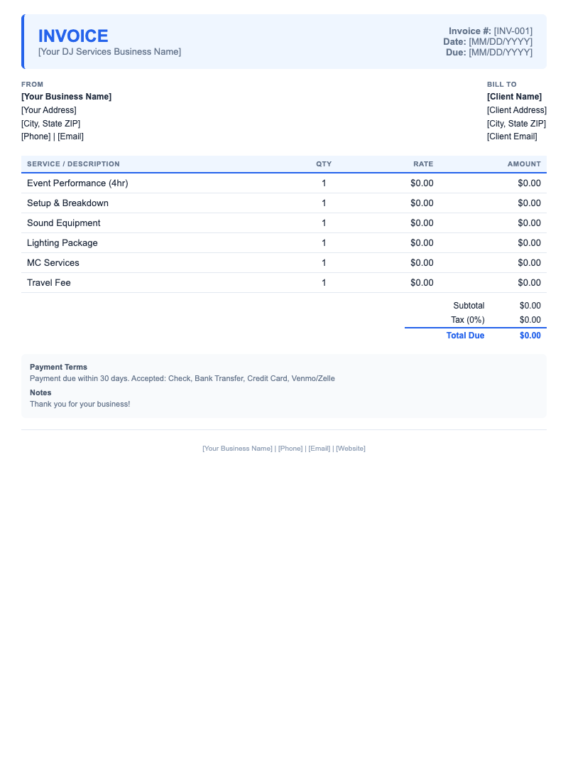 Modern Invoice Template for DJ Services