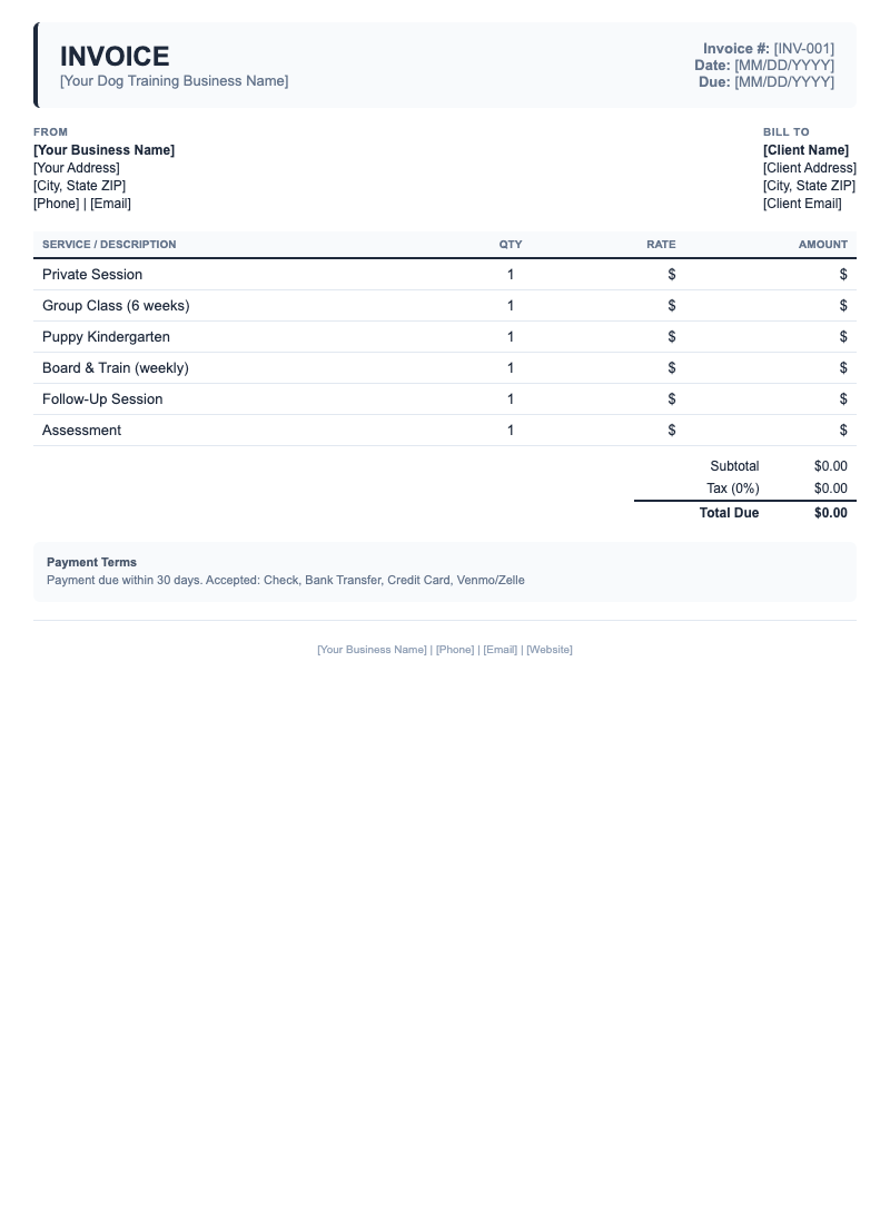 Classic Invoice Template for Dog Training