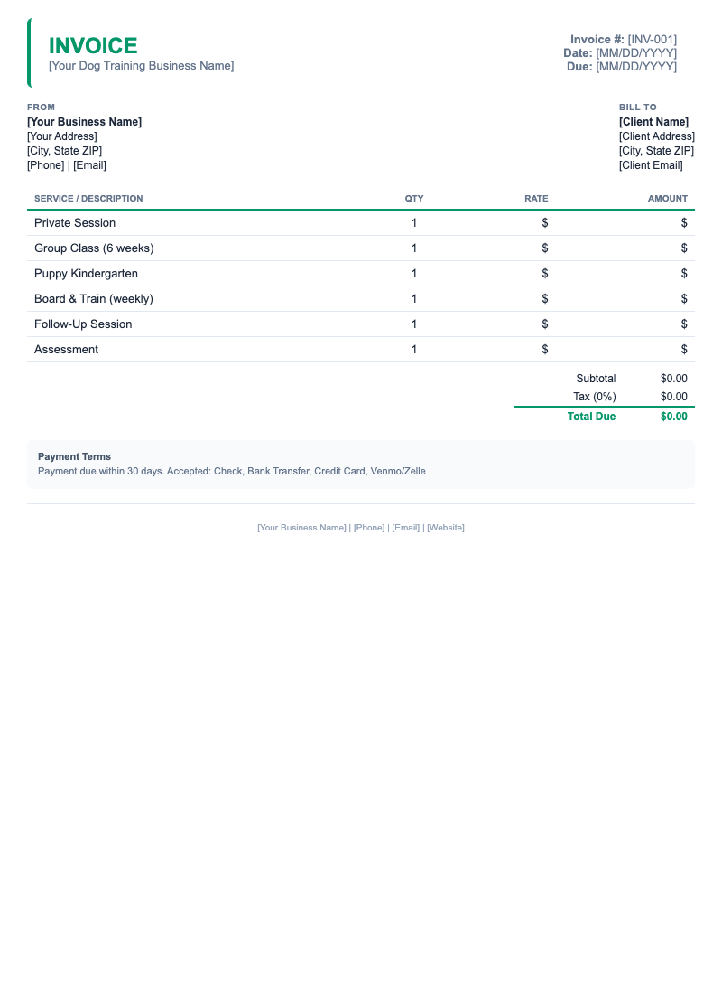 Minimal Invoice Template for Dog Training
