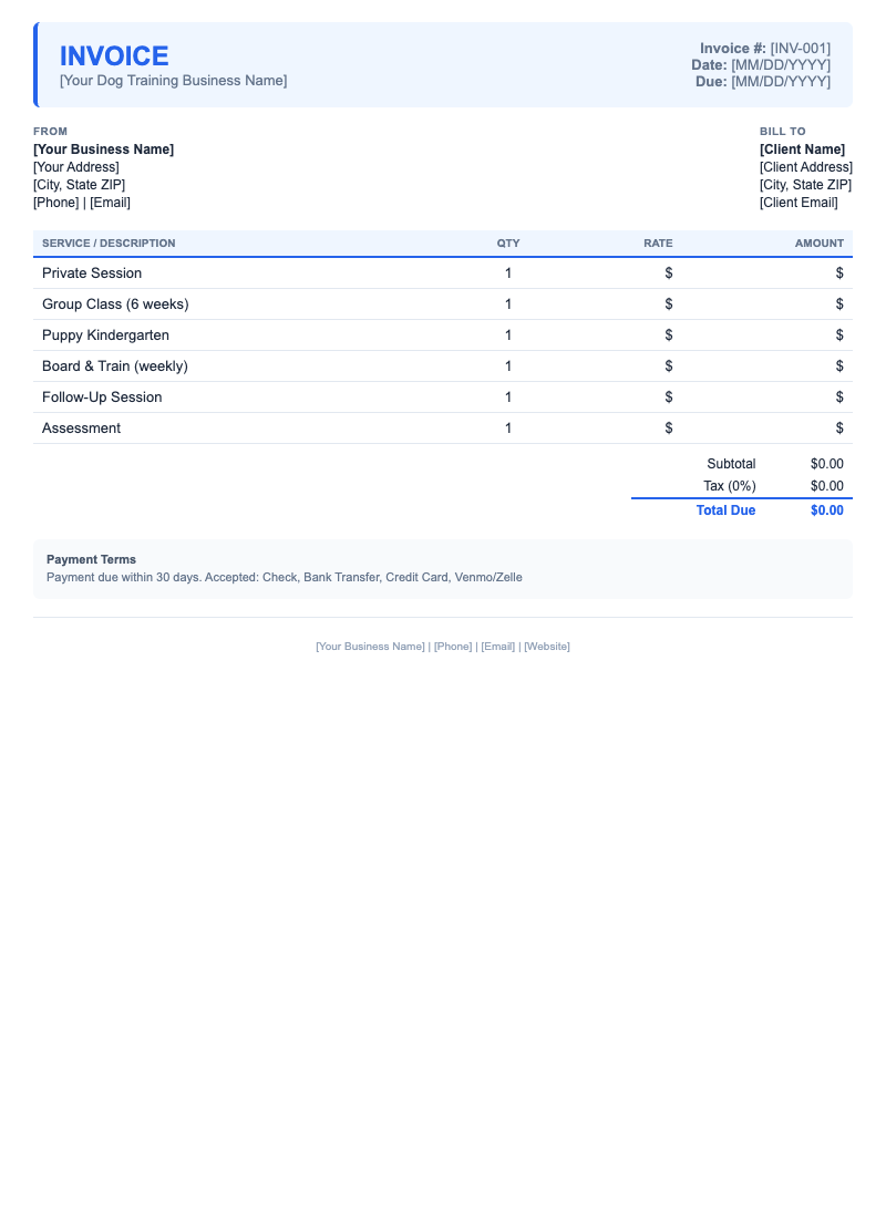 Modern Invoice Template for Dog Training