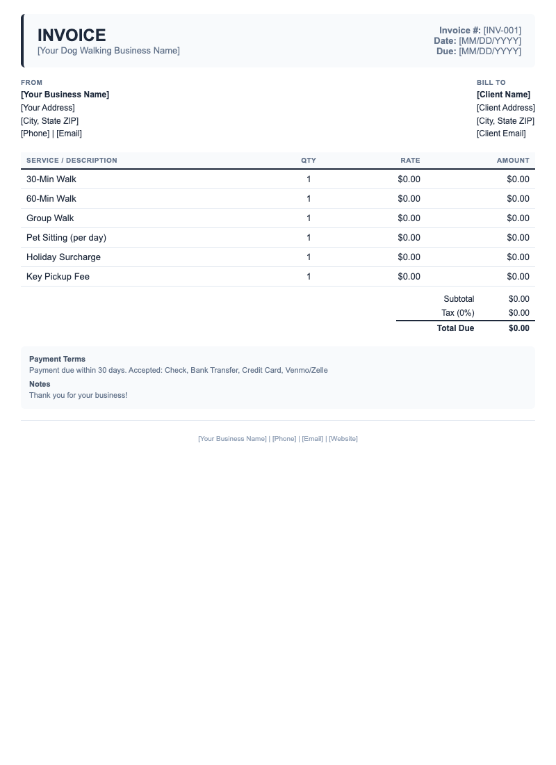 Classic Invoice Template for Dog Walking