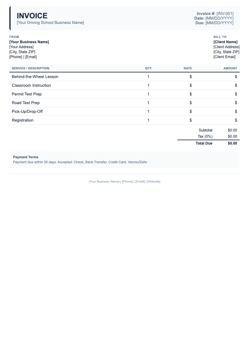 Classic Invoice Template for Driving School