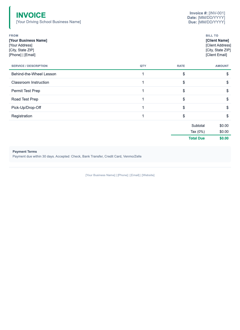 Minimal Invoice Template for Driving School