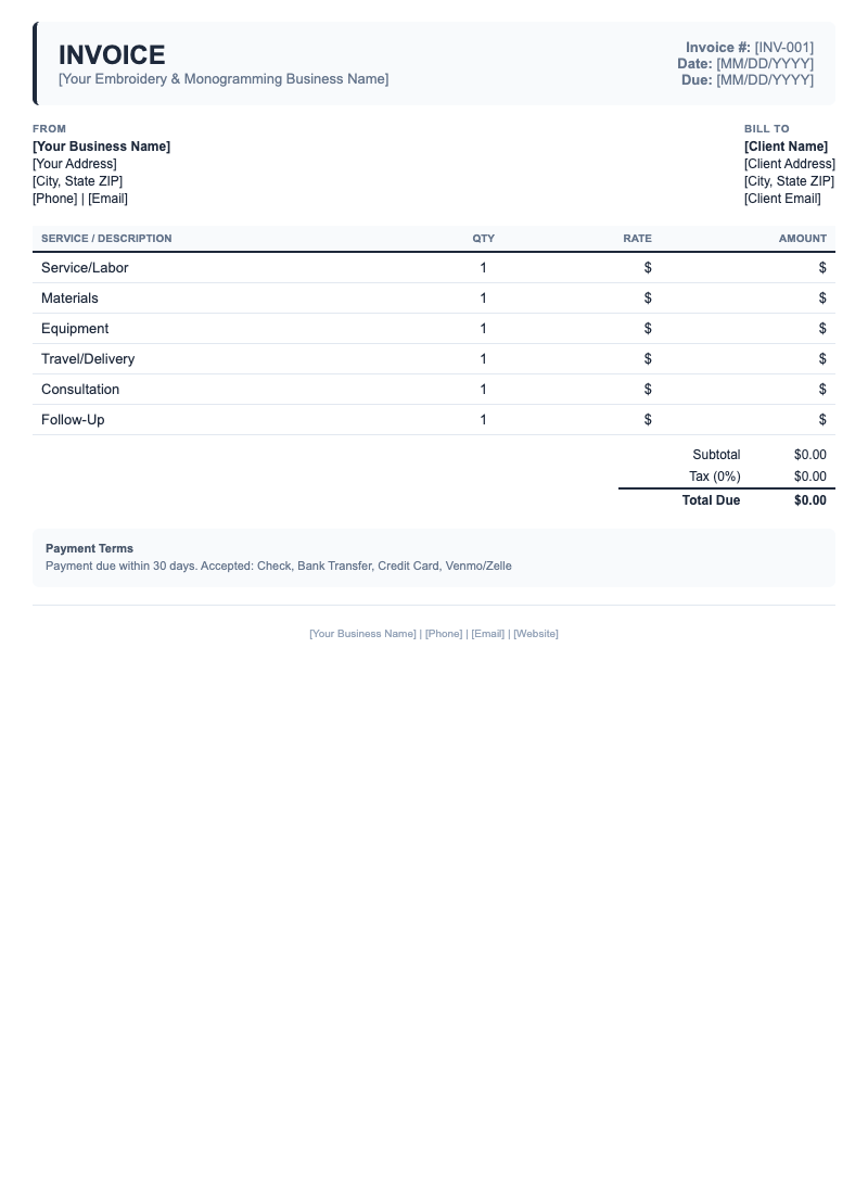 Classic Invoice Template for Embroidery & Monogramming