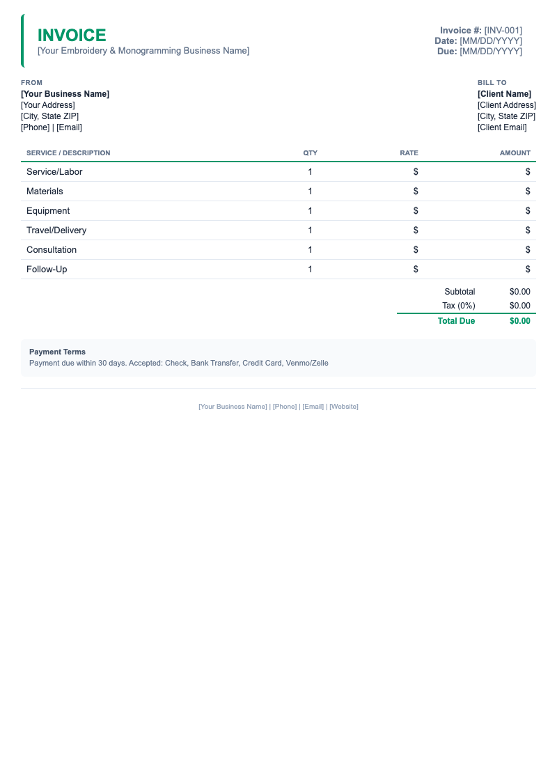 Minimal Invoice Template for Embroidery & Monogramming