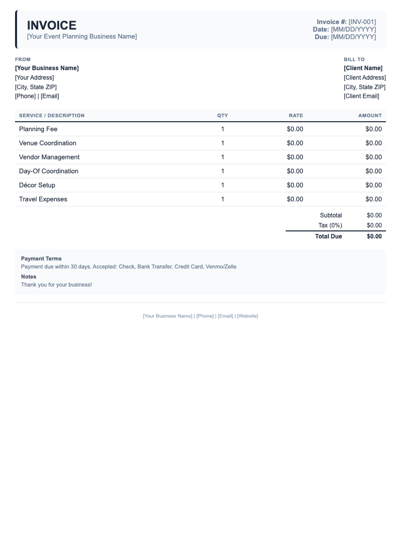 Classic Invoice Template for Event Planning