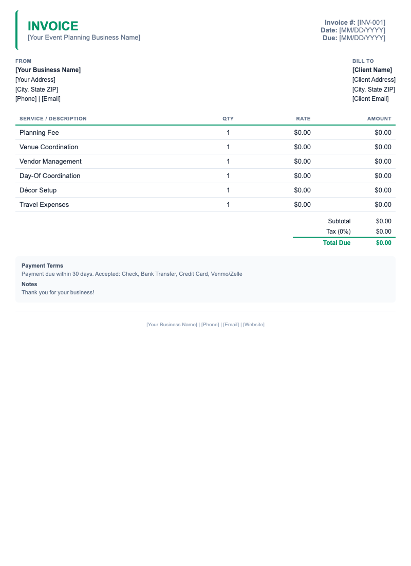 Minimal Invoice Template for Event Planning