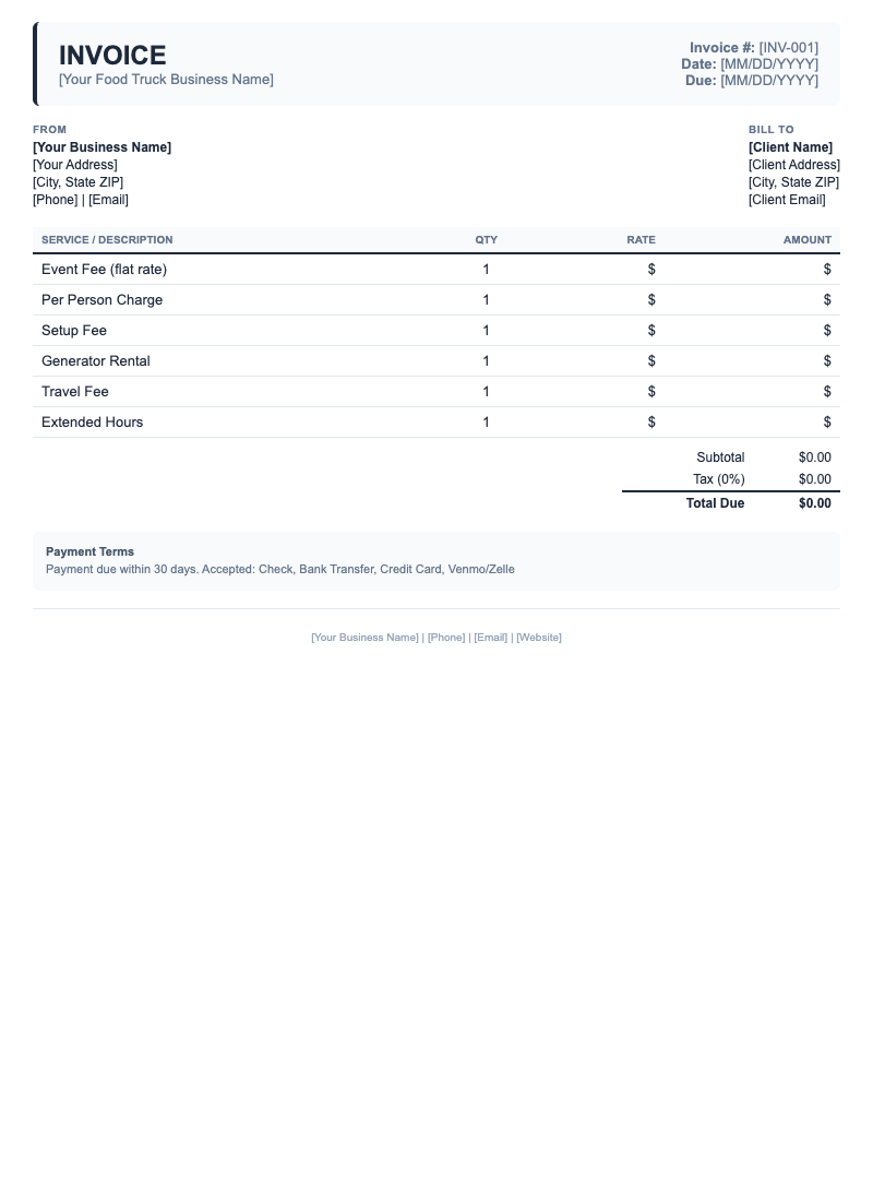Classic Invoice Template for Food Truck