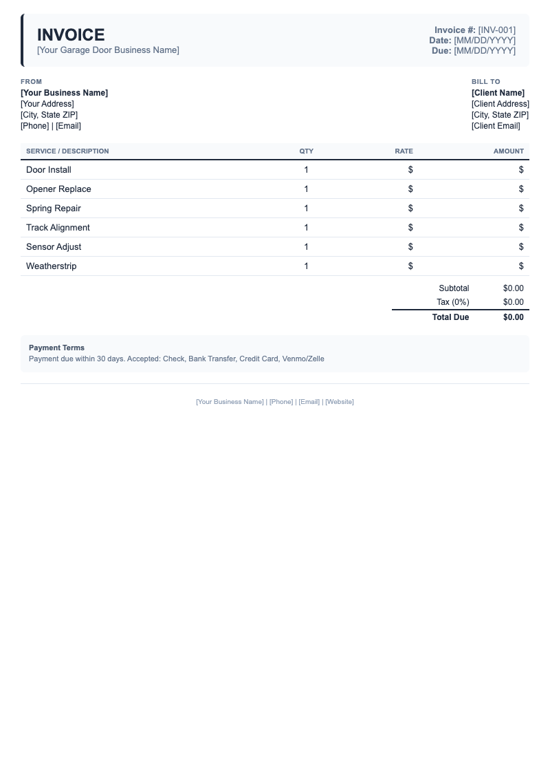 Classic Invoice Template for Garage Door