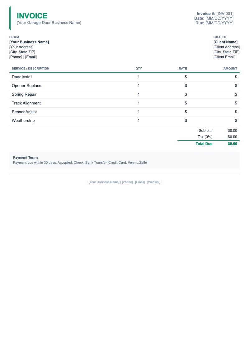 Minimal Invoice Template for Garage Door