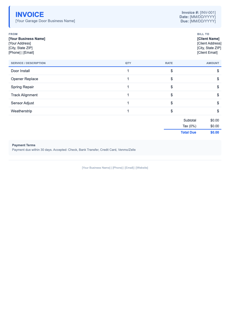 Modern Invoice Template for Garage Door