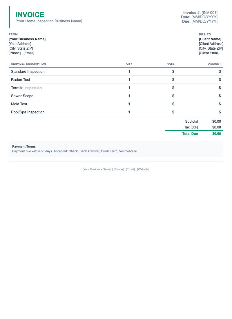 Minimal Invoice Template for Home Inspection