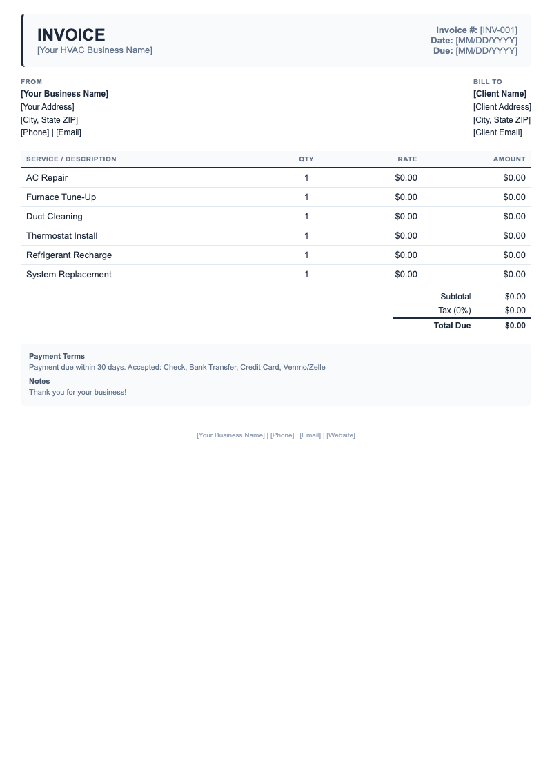Classic Invoice Template for HVAC
