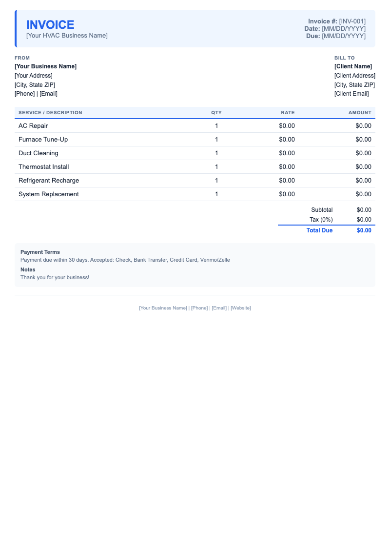 Modern Invoice Template for HVAC