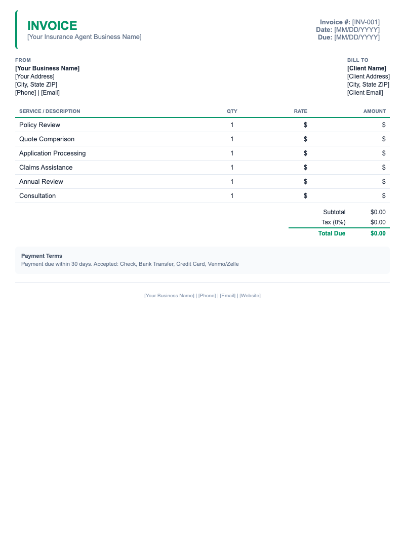 Minimal Invoice Template for Insurance Agent