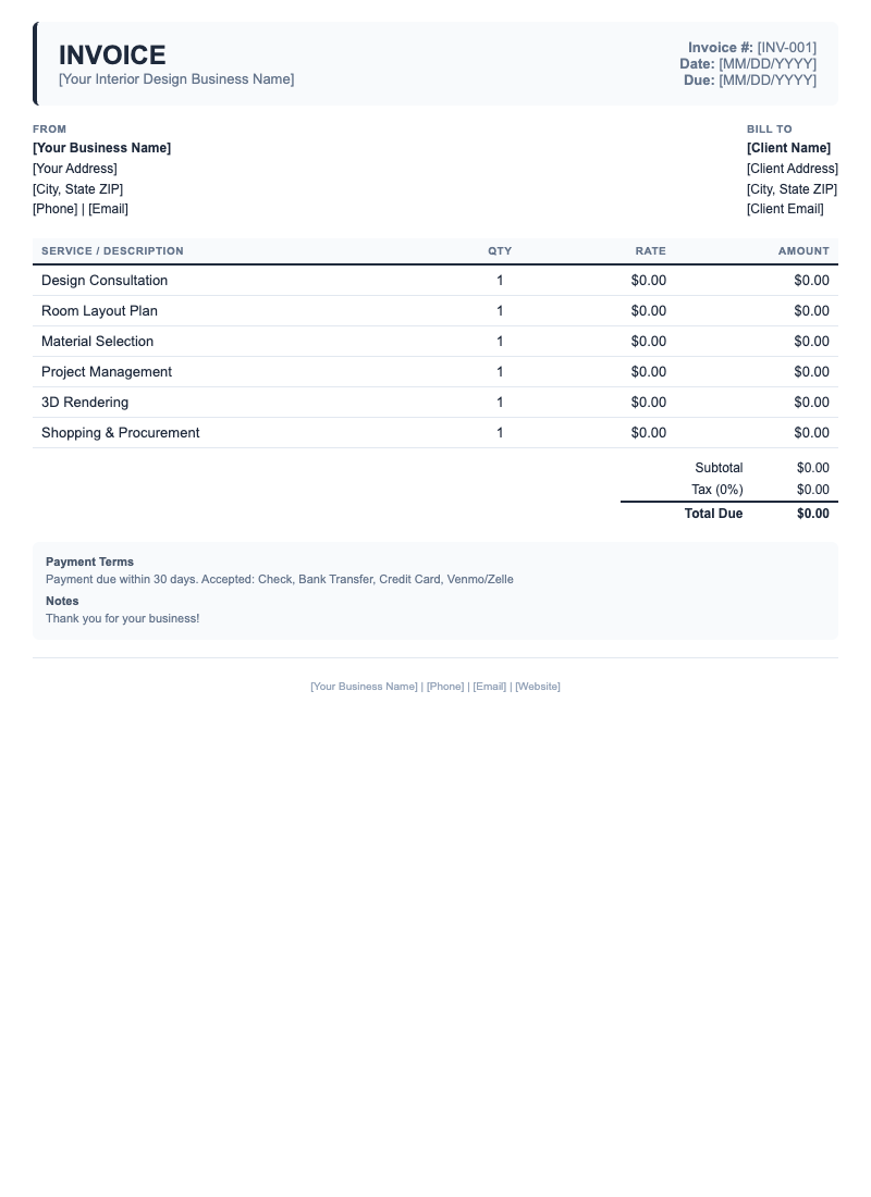 Classic Invoice Template for Interior Design