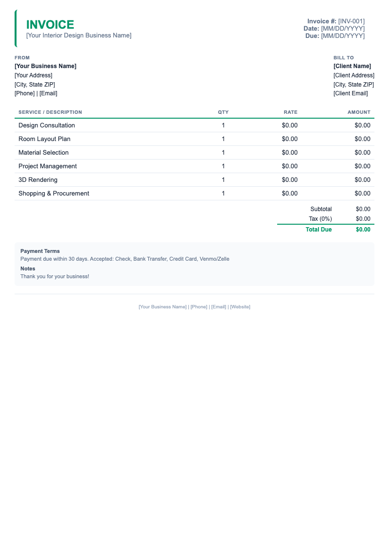 Minimal Invoice Template for Interior Design