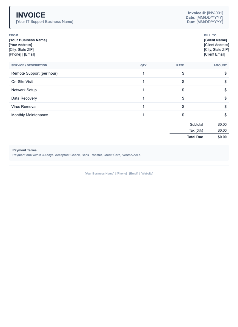Classic Invoice Template for IT Support