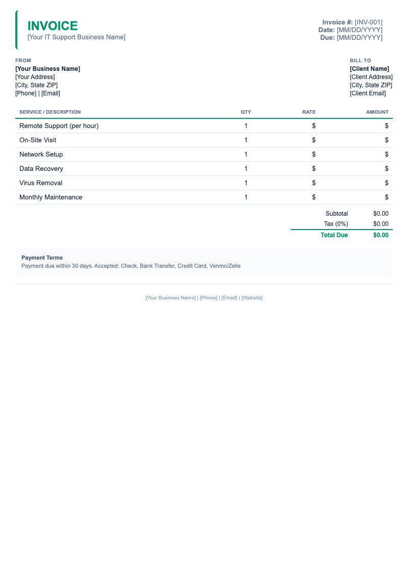 Minimal Invoice Template for IT Support