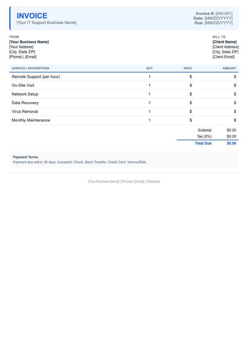 Modern Invoice Template for IT Support