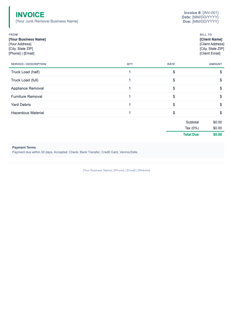 Minimal Invoice Template for Junk Removal