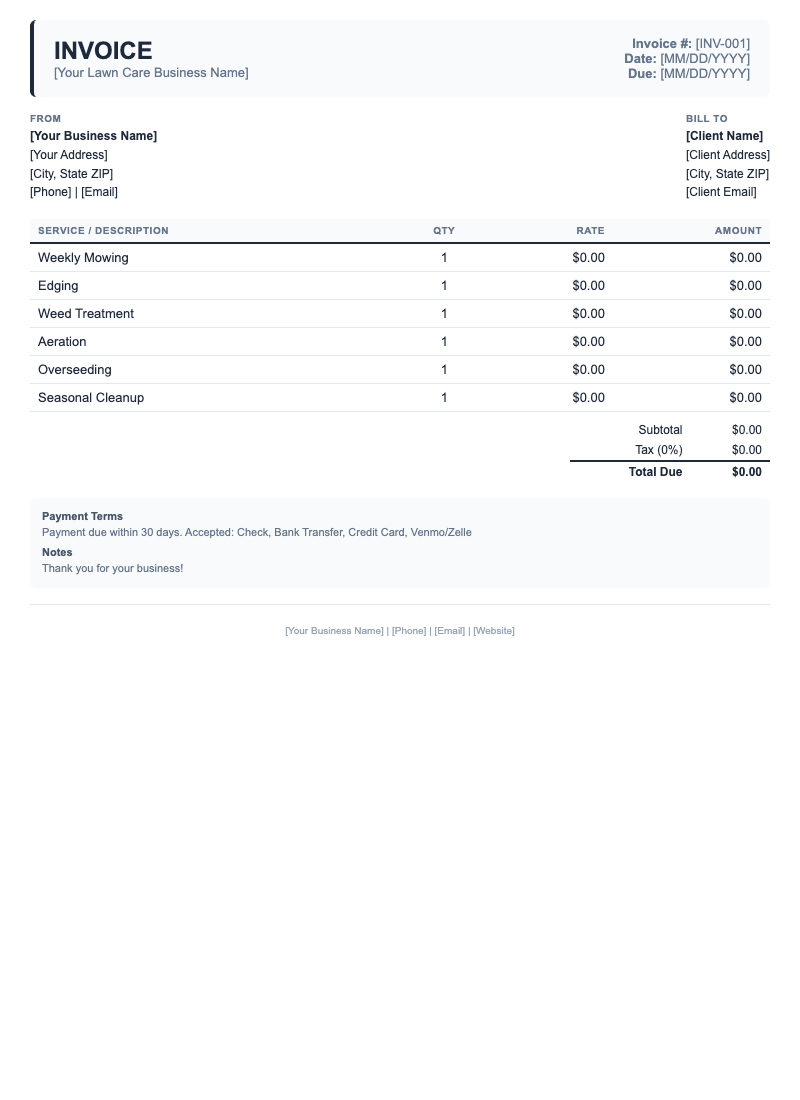 Classic Invoice Template for Lawn Care